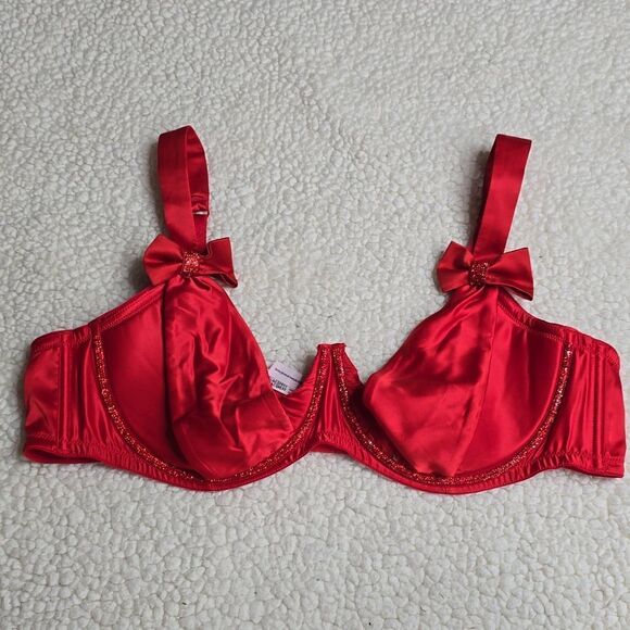 1091 NWT Victoria's Secret Wicked Twinkle Bows Satin Open-Cup Balconette Bra XXL - Picture 2 of 6